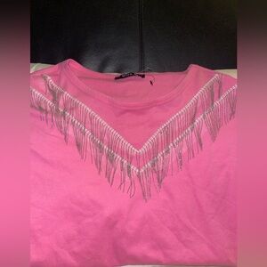 Blue B Pink Fringe Tassel Detail Women's Short Sleeve Tee  NWOT